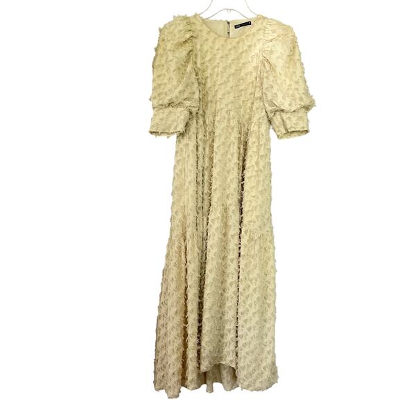 Zara Voluminous Yellow Textured Weave Puff Sleeve Midi Dress Size XS 2339/301 - Picture 6 of 15